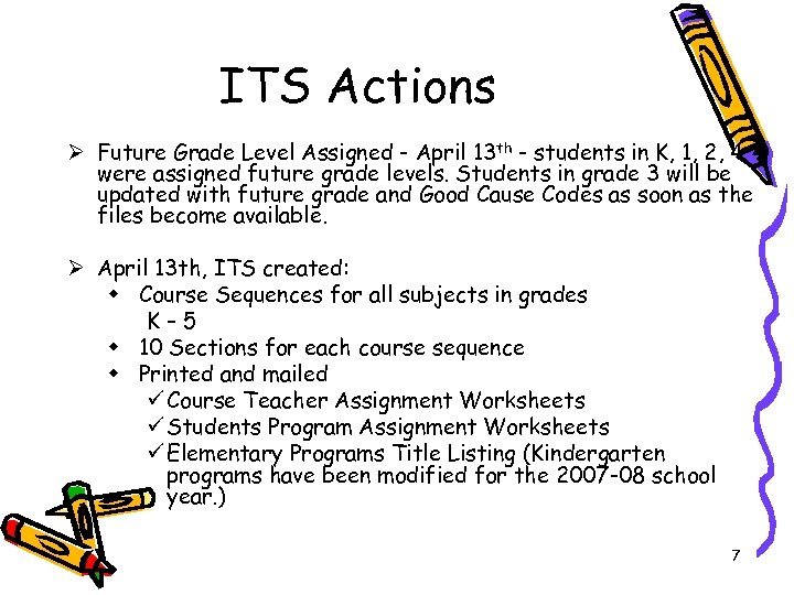 ITS Actions Ø Future Grade Level Assigned - April 13 th - students in