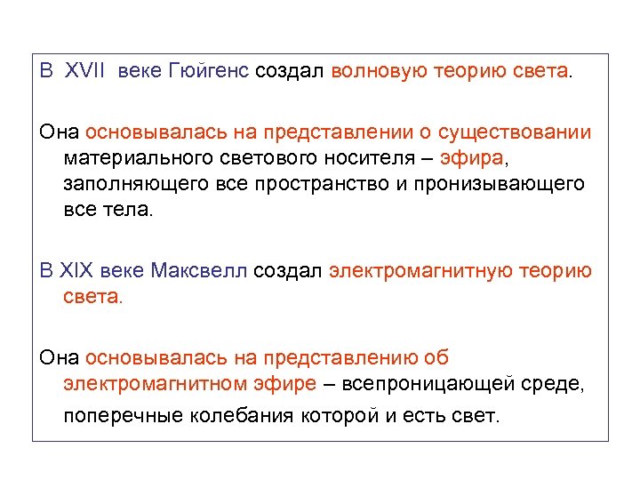 В XVII веке Гюйгенс создал волновую теорию света. Она основывалась на представлении о существовании