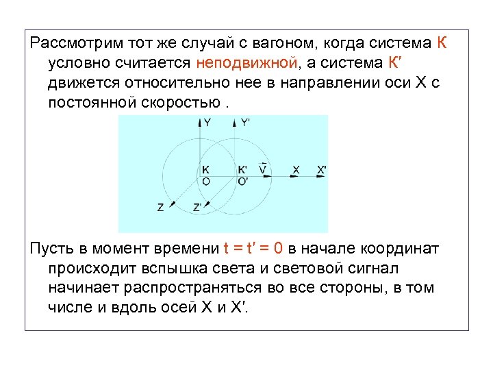 Рассмотрим тот же случай с вагоном, когда система К условно считается неподвижной, а система