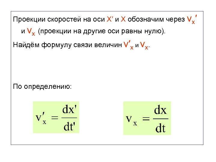 Проекции скоростей на оси Х′ и Х обозначим через vx′ и vx (проекции на