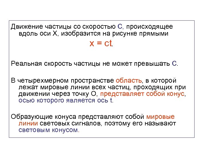 Движение частицы со скоростью с, происходящее вдоль оси Х, изобразится на рисунке прямыми x