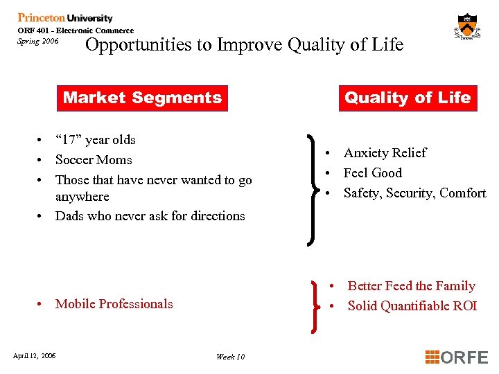 ORF 401 - Electronic Commerce Spring 2006 Opportunities to Improve Quality of Life Market