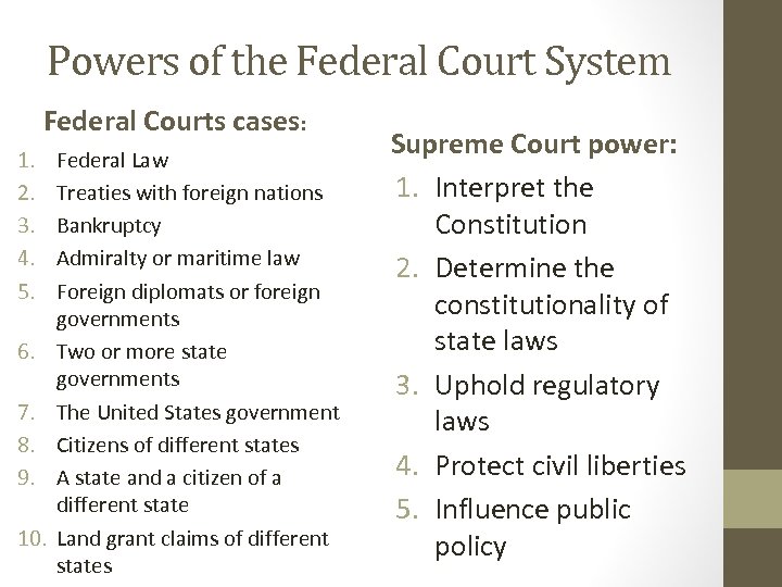 Powers of the Federal Court System Federal Courts cases: 1. 2. 3. 4. 5.