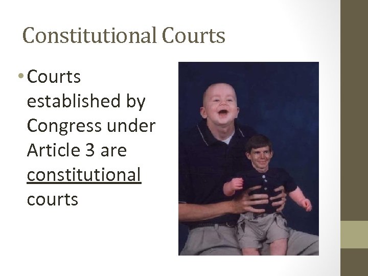 Constitutional Courts • Courts established by Congress under Article 3 are constitutional courts 