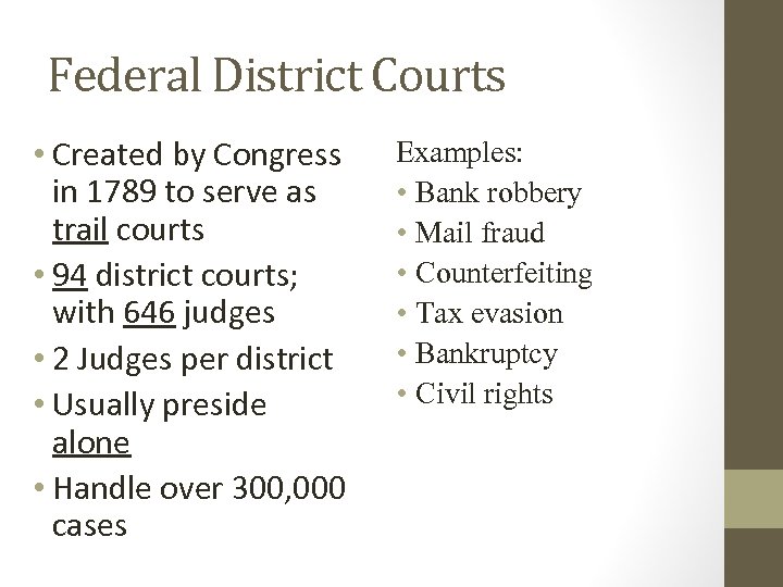 Federal District Courts • Created by Congress in 1789 to serve as trail courts