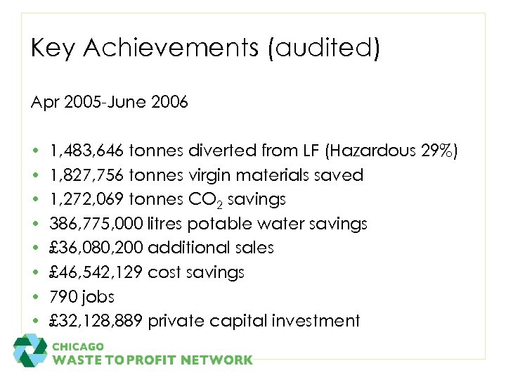 Key Achievements (audited) Apr 2005 -June 2006 • • 1, 483, 646 tonnes diverted