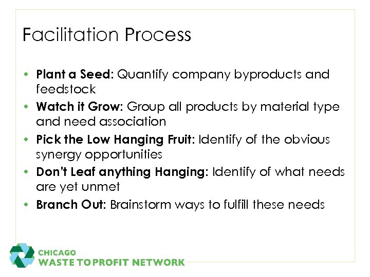 Facilitation Process • Plant a Seed: Quantify company byproducts and feedstock • Watch it