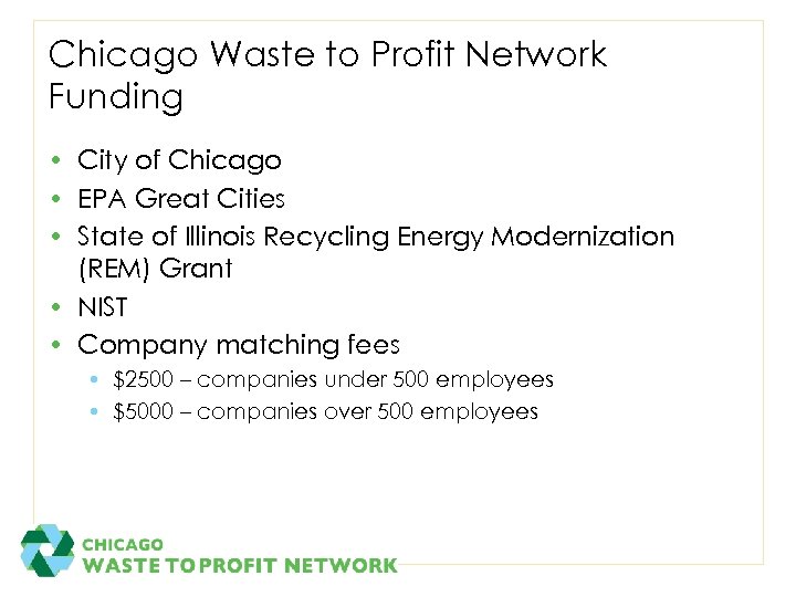 Chicago Waste to Profit Network Funding • City of Chicago • EPA Great Cities