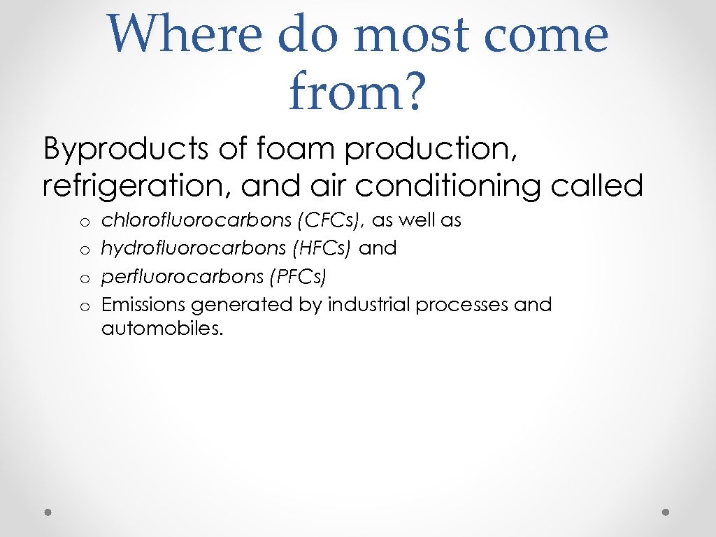 Where do most come from? Byproducts of foam production, refrigeration, and air conditioning called