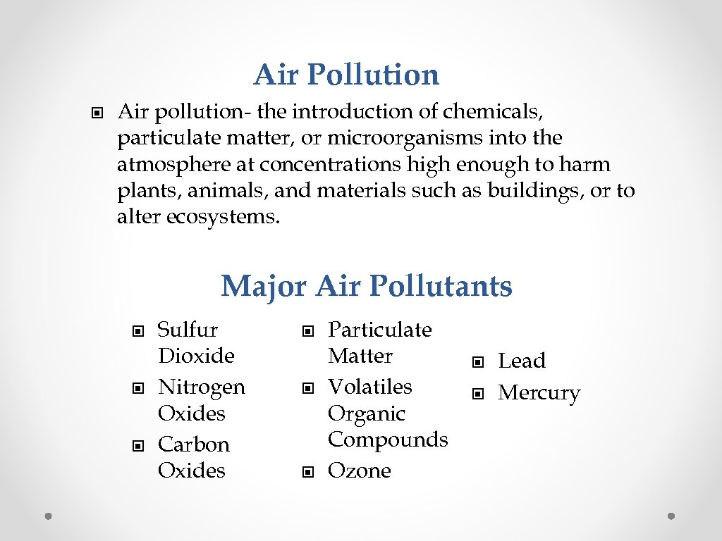 Air Pollution © Air pollution- the introduction of chemicals, particulate matter, or microorganisms into
