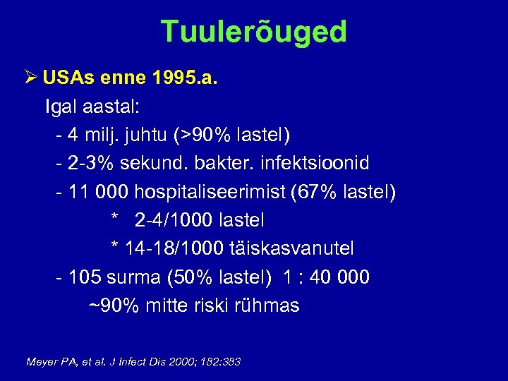 Tuulerõuged Ø USAs enne 1995. a. Igal aastal: - 4 milj. juhtu (>90% lastel)