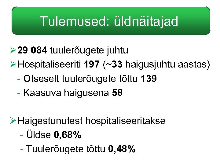 Tulemused: üldnäitajad Ø 29 084 tuulerõugete juhtu Ø Hospitaliseeriti 197 (~33 haigusjuhtu aastas) -