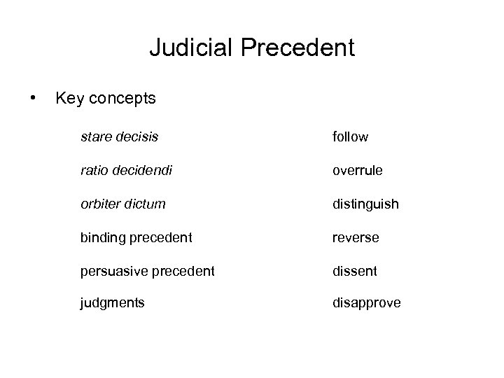 Judicial Precedent • Key concepts stare decisis follow ratio decidendi overrule orbiter dictum distinguish