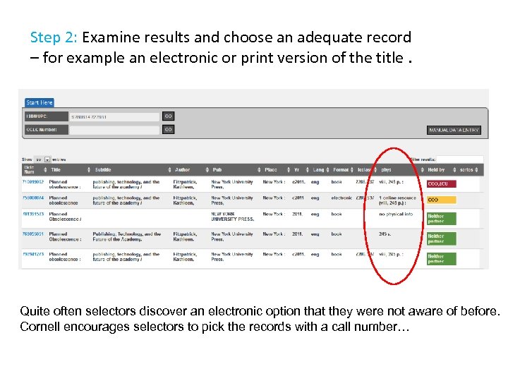 Step 2: Examine results and choose an adequate record – for example an electronic