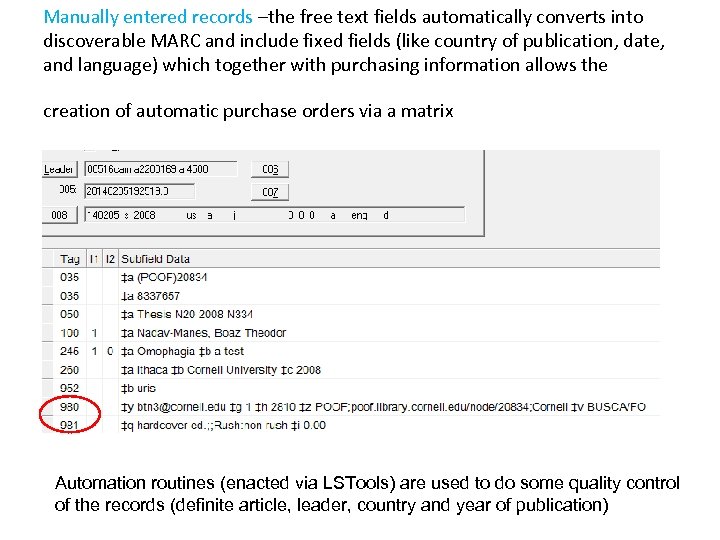 Manually entered records –the free text fields automatically converts into discoverable MARC and include
