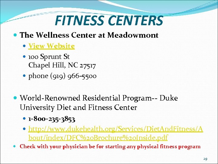 FITNESS CENTERS The Wellness Center at Meadowmont View Website 100 Sprunt St Chapel Hill,