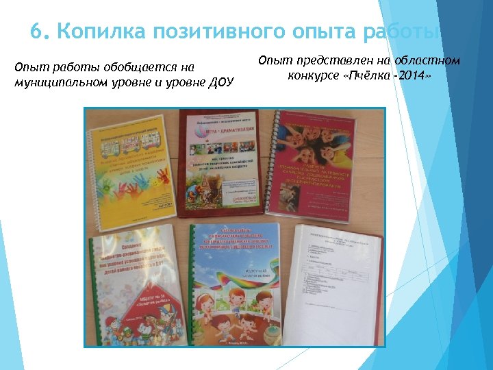 6. Копилка позитивного опыта работы Опыт работы обобщается на муниципальном уровне и уровне ДОУ