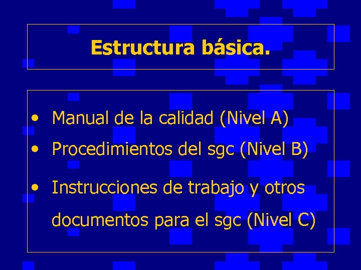 Estructura básica. • Manual de la calidad (Nivel A) • Procedimientos del sgc (Nivel
