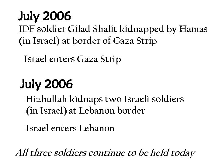 July 2006 IDF soldier Gilad Shalit kidnapped by Hamas (in Israel) at border of