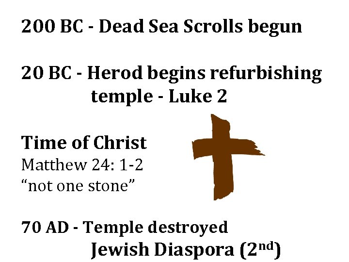 200 BC - Dead Sea Scrolls begun 20 BC - Herod begins refurbishing temple