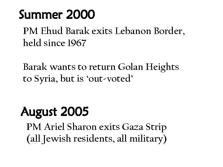 Summer 2000 PM Ehud Barak exits Lebanon Border, held since 1967 Barak wants to