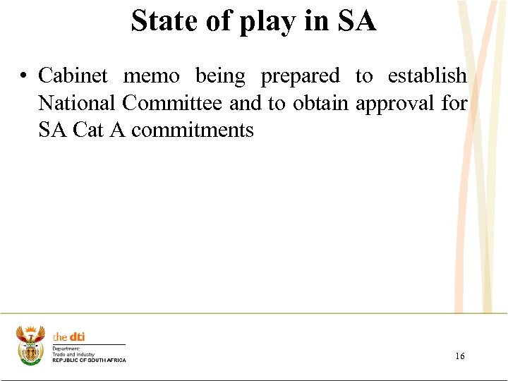 State of play in SA • Cabinet memo being prepared to establish National Committee