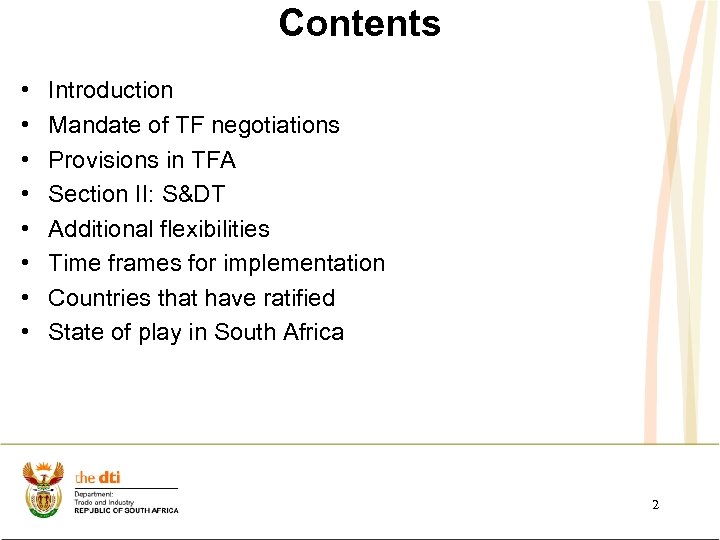 Contents • • Introduction Mandate of TF negotiations Provisions in TFA Section II: S&DT