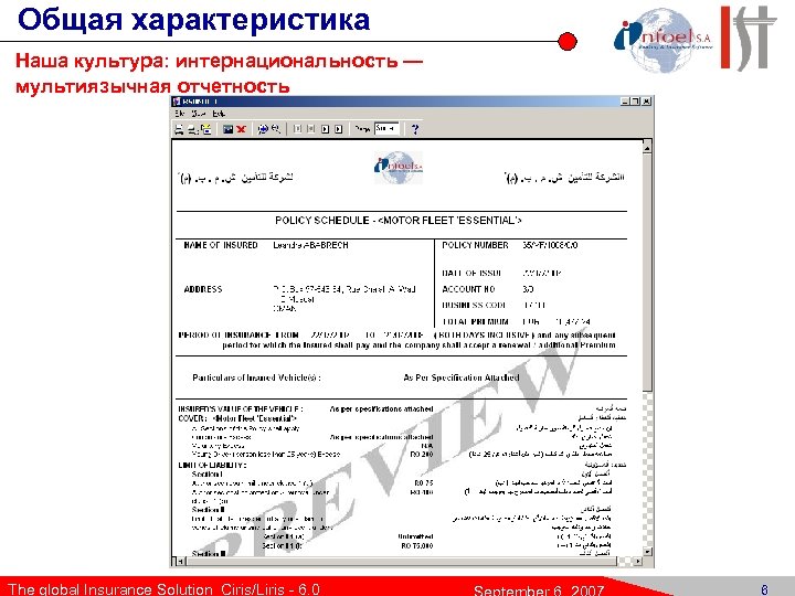 Общая характеристика Наша культура: интернациональность — мультиязычная отчетность The global Insurance Solution Ciris/Liris -