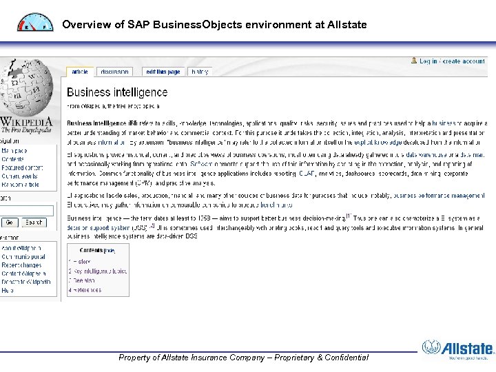 Overview of SAP Business. Objects environment at Allstate Property of Allstate Insurance Company –