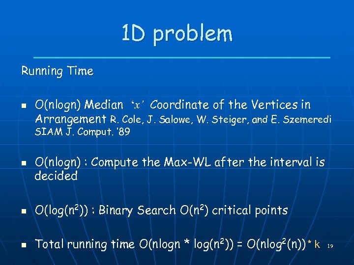 1 D problem Running Time n O(nlogn) Median ‘x’ Coordinate of the Vertices in