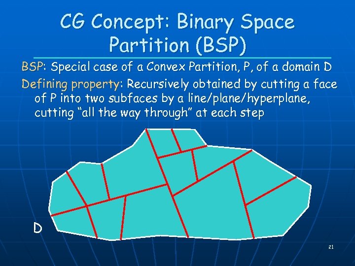 CG Concept: Binary Space Partition (BSP) BSP: Special case of a Convex Partition, P,