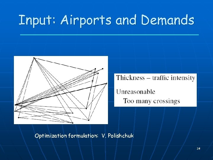 Input: Airports and Demands Optimization formulation: V. Polishchuk 38 