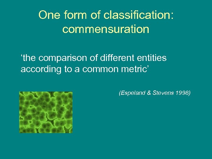 One form of classification: commensuration ‘the comparison of different entities according to a common