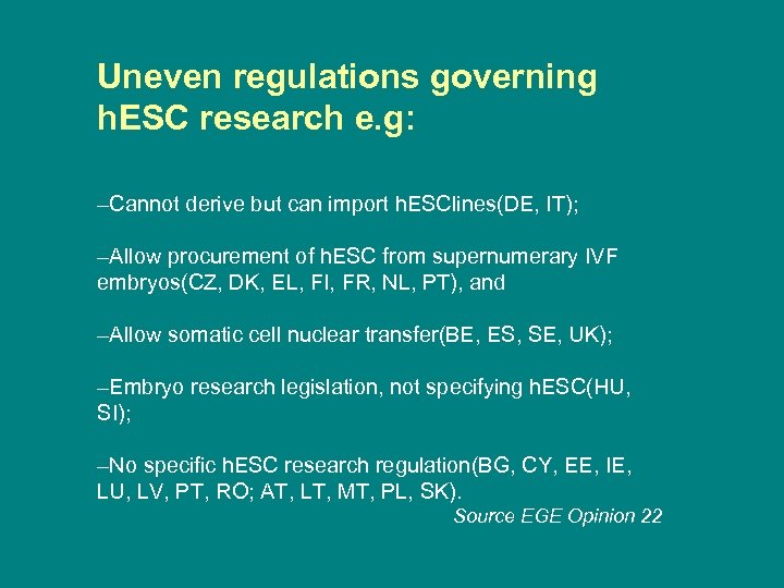 Uneven regulations governing h. ESC research e. g: –Cannot derive but can import h.