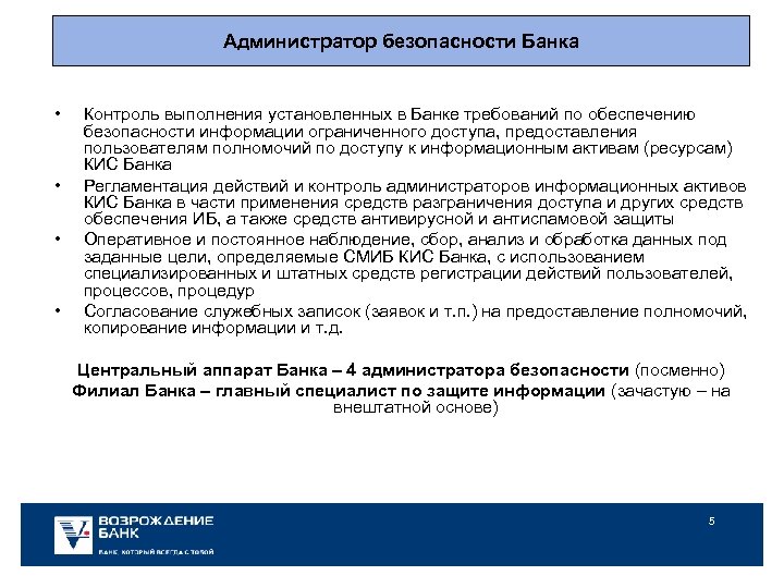 Администратор безопасности Банка • • Контроль выполнения установленных в Банке требований по обеспечению безопасности