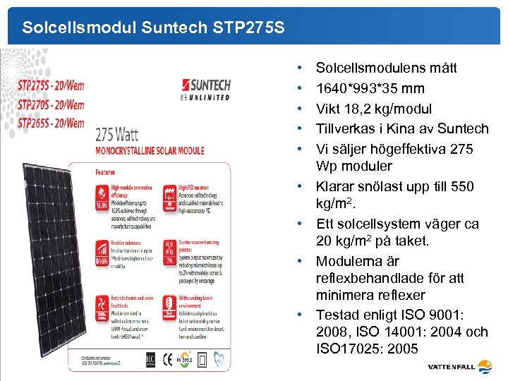 Solcellsmodul Suntech STP 275 S • • • Solcellsmodulens mått 1640*993*35 mm Vikt 18,