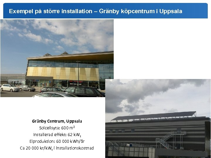 Exempel på större installation – Gränby köpcentrum i Uppsala Gränby Centrum, Uppsala Solcellsyta: 600