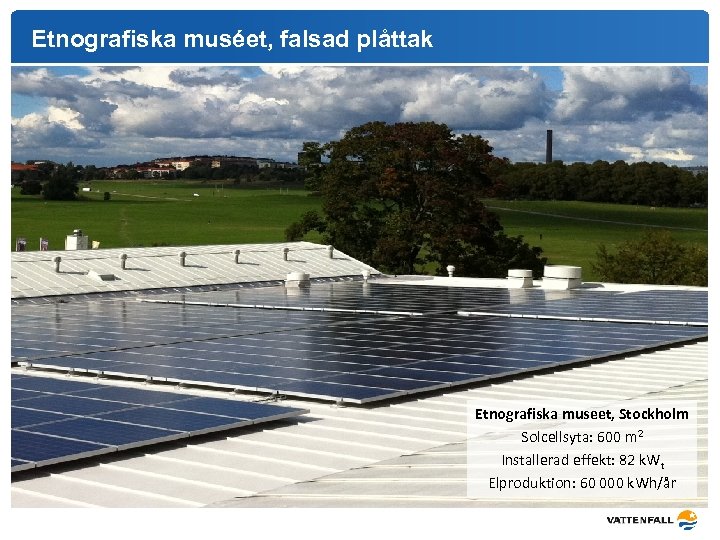 Etnografiska muséet, falsad plåttak Etnografiska museet, Stockholm Solcellsyta: 600 m 2 Installerad effekt: 82
