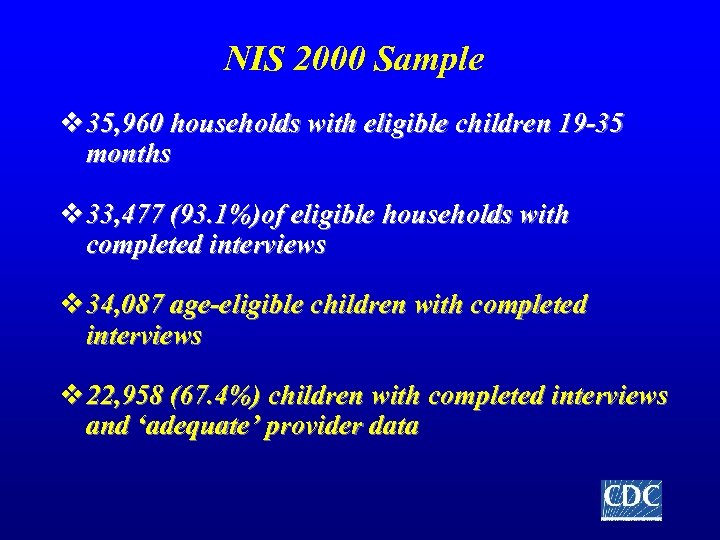 NIS 2000 Sample v 35, 960 households with eligible children 19 -35 months v