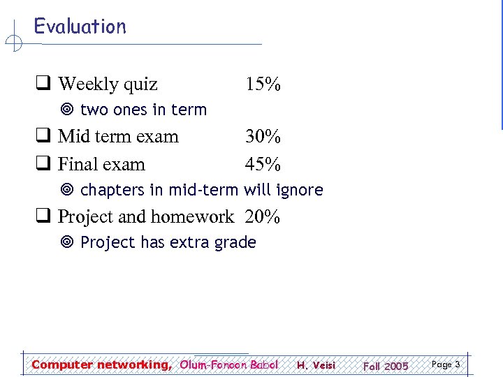 Evaluation q Weekly quiz 15% ¥ two ones in term q Mid term exam