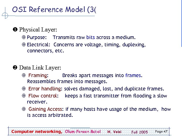 OSI Reference Model (3( Physical Layer: ¥ Purpose: Transmits raw bits across a medium.