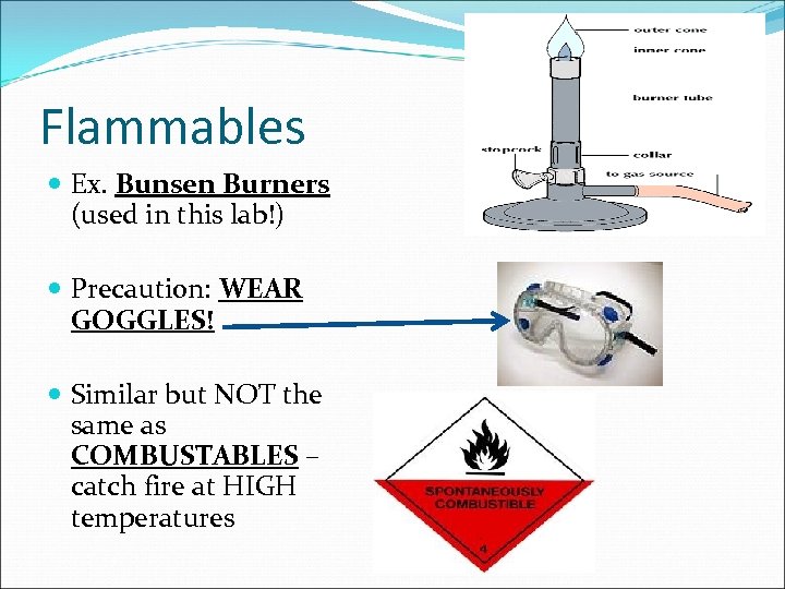 Flammables Ex. Bunsen Burners (used in this lab!) Precaution: WEAR GOGGLES! Similar but NOT