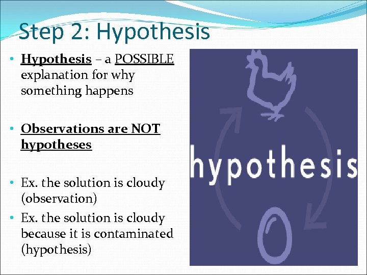 Step 2: Hypothesis • Hypothesis – a POSSIBLE explanation for why something happens •