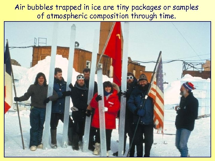 Air bubbles trapped in ice are tiny packages or samples of atmospheric composition through