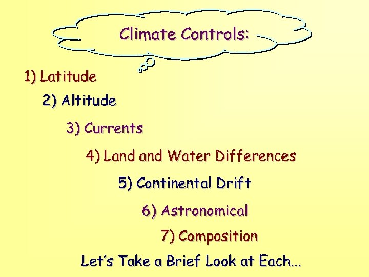 Climate Controls: 1) Latitude 2) Altitude 3) Currents 4) Land Water Differences 5) Continental
