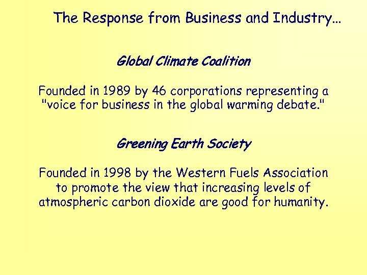 The Response from Business and Industry… Global Climate Coalition Founded in 1989 by 46