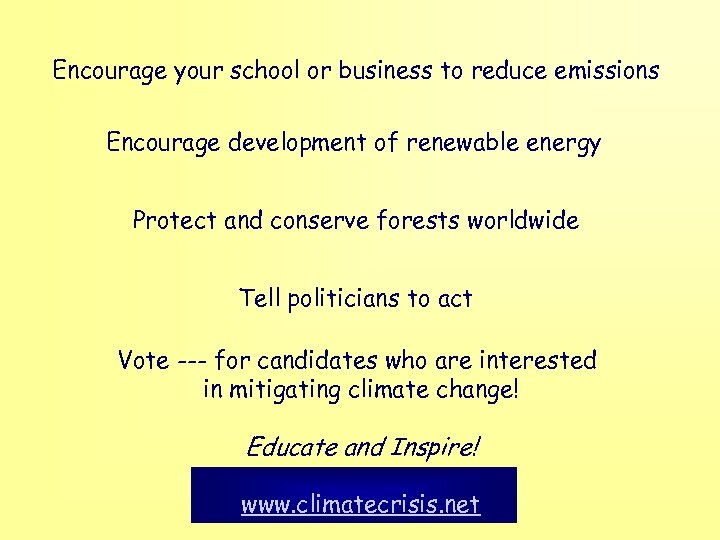 Encourage your school or business to reduce emissions Encourage development of renewable energy Protect