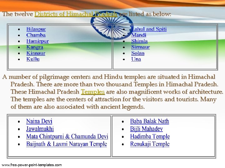 The twelve Districts of Himachal Pradesh are listed as below: A number of pilgrimage