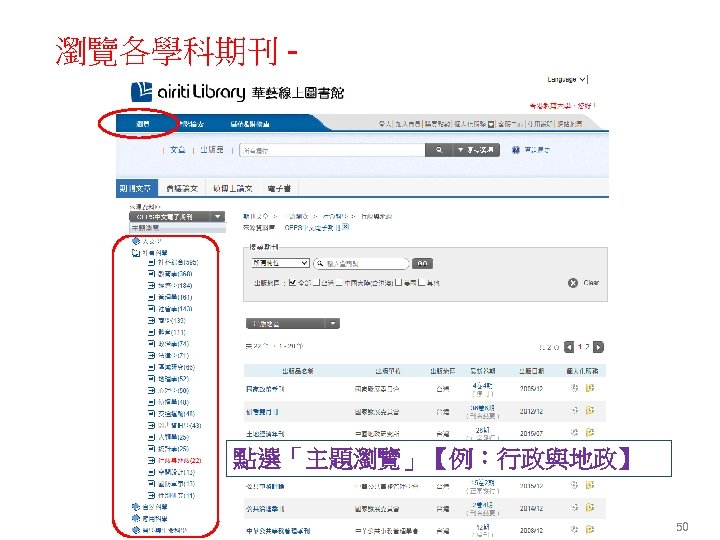 瀏覽各學科期刊 - 點選「主題瀏覽」【例：行政與地政】 50 