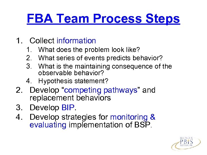 FBA Team Process Steps 1. Collect information 1. What does the problem look like?